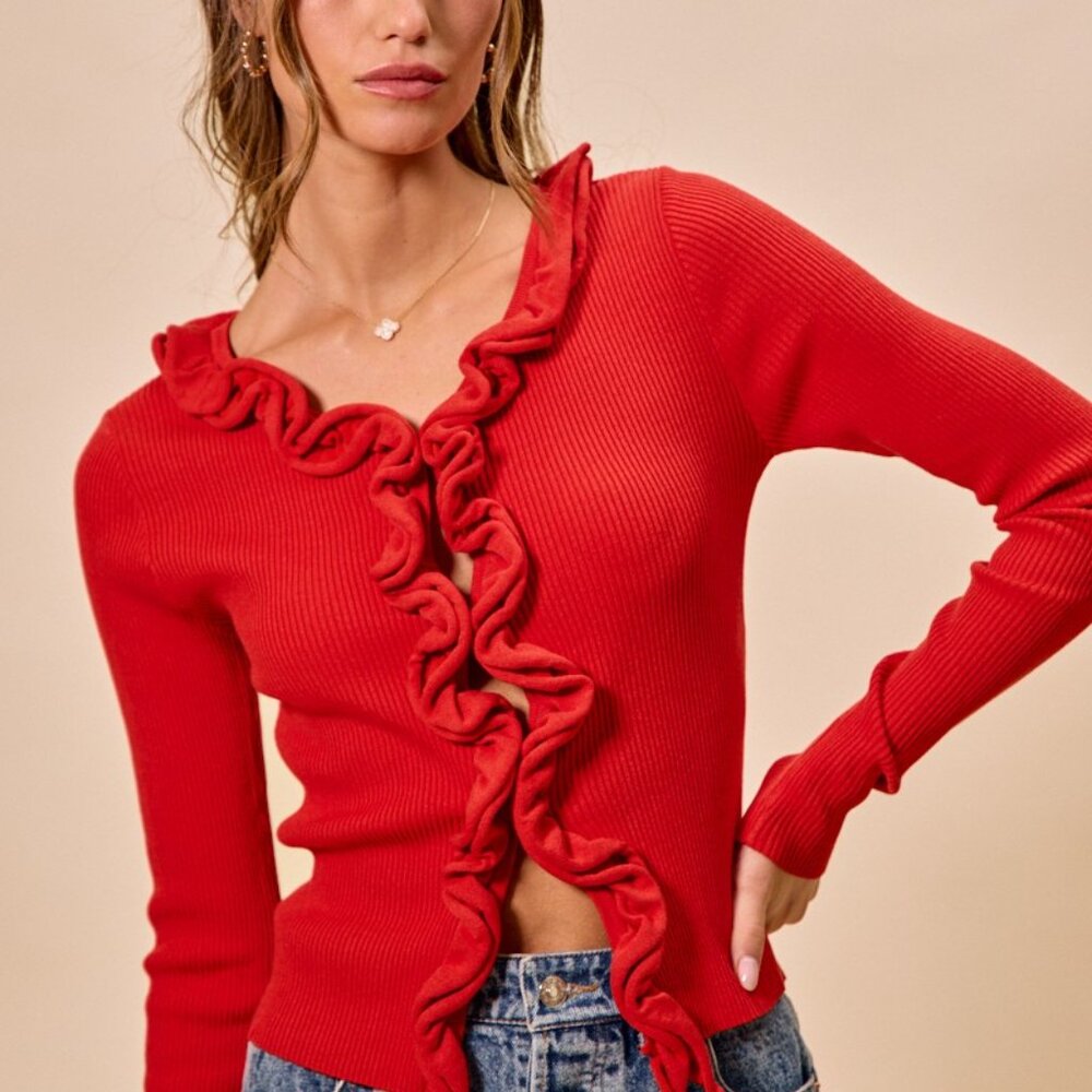 SO ME Cascade Ruffle Ribbed Sweater Cardgian - Picture 13 of 16